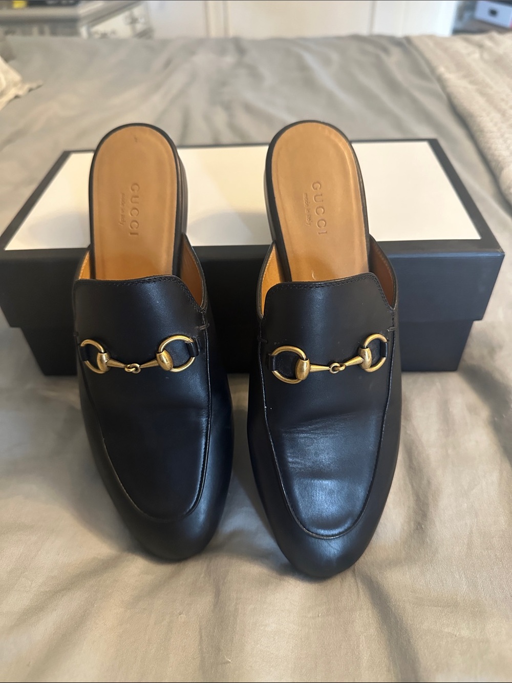 Gucci Princeton Black Leather Slip-On Mule with Gold Horsebit